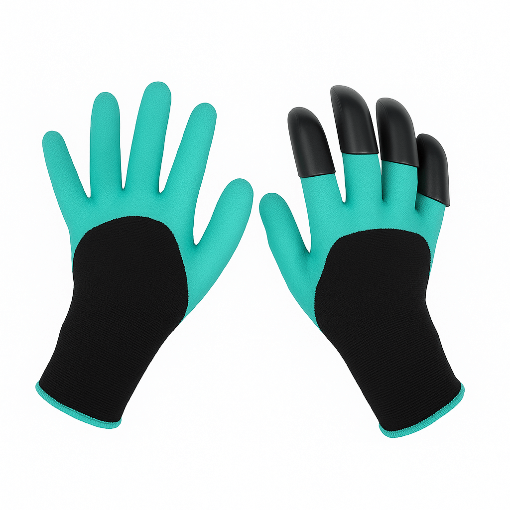Pair of teal gardening gloves with black fingertips, ideal for precision tasks in gardening and maintenance.