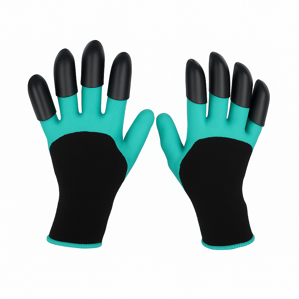 Colorful gardening gloves with black fingertips, designed for comfort and grip during outdoor work.